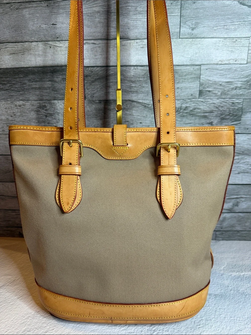 Vintage Dooney & Bourke USA Canvas Bucket Tote British Tan Leather Duck Tag